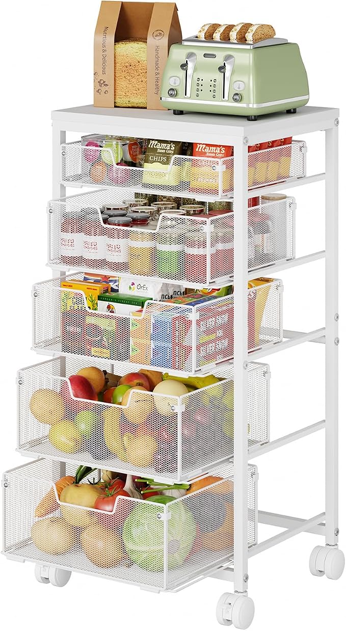 Kitchen Storage Cart with Wheels, 5-Tier Fruit Vegetable Storage Cart, Kitchen Organizer and Storage Cart with Drawers, Wooden Top Metal Wire Pantry Storage Cart for Fruit Snack Onion Potato, White by FollowWithYociyogaTogether