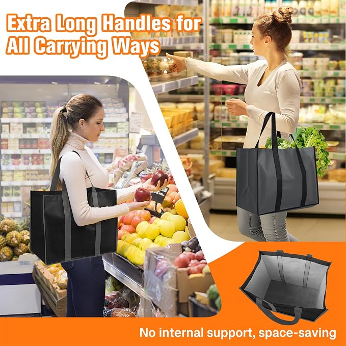 WISELIFE Reusable Grocery Bags with Handles, 35L, 6 Pack, Gray & Black | Large Shopping Bags with Reinforced Stitching, Water-Resistant Grocery Totes for Kitchen, Market, Car Trunk, Picnic - Image 3