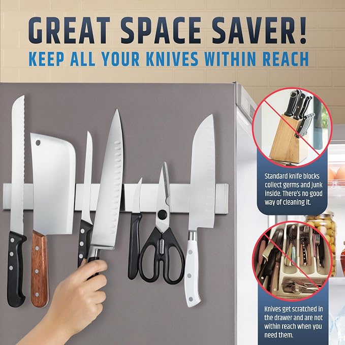 17" Premium Magnetic Knife Holder for Refrigerator (Double-Sided Heavy-Duty Magnets) - Upgraded Strip for Strong Fridge Mount - Clear Up Counter Space - 304 Anti-Rust Stainless Steel (Upgraded Design) - Image 7