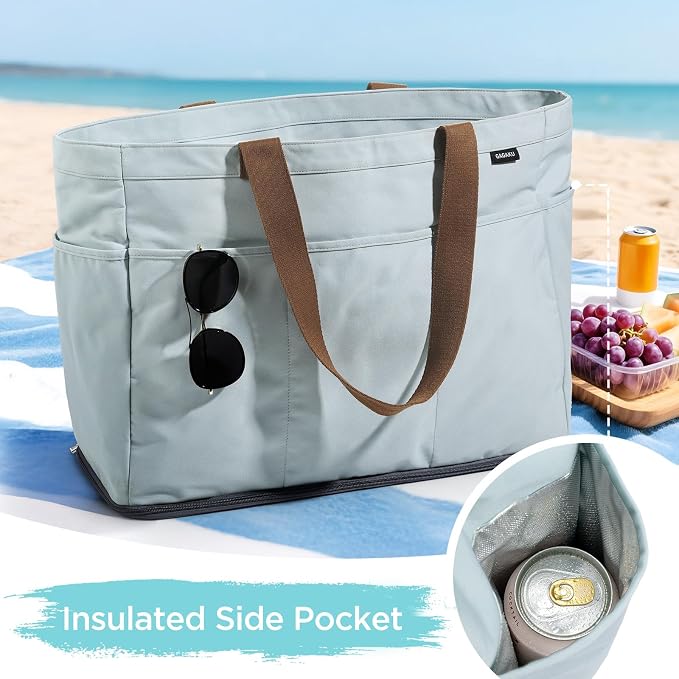 GAGAKU XL Beach Bag with Zipper & Cooler Pockets | Sand-Proof Foldable Large Tote Bag for Cruise, Travel, Family, Women - Image 3