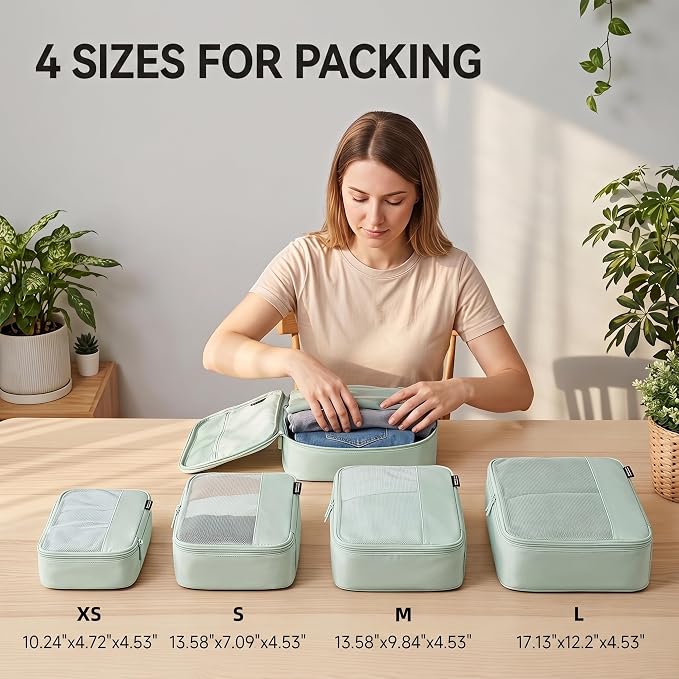 4 Piece Compression Packing Cubes for 3–7 Day Travel, Light Green | Wrinkle-Resistant Memory Fabric, Breathable Mesh Panel, Double-Zipper, Small to Large Size Bag, Smart Organization - Image 4