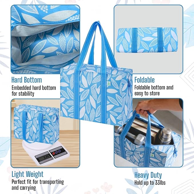 VENO 4 Pack Utility Tote Reusable Grocery Bags with Zipper & Hard Bottom | Heavy Duty Foldable Water-Resistant Shopping Bags for Summer Beach, Pool, Picnic & Travel Carry-on (Spring Breeze, 4 Pack) - Image 9