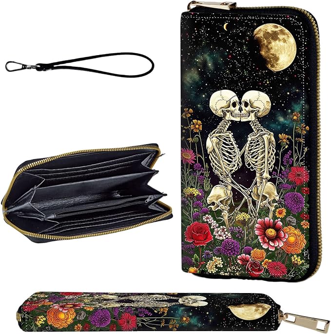 Wallet,Leather Long Wallet Suitable For Ladies And Teenagers - Detachable Wristband + RFID Travel Wallet With Card Slot - Skeleton Floral by Unknown