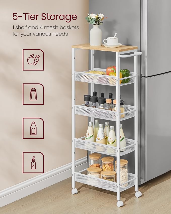 VASAGLE Slim Rolling Cart, 5-Tier Storage Cart, Narrow Cart with Handle, 8.7 Inches Deep, Metal Frame, for Kitchen, Dining Room, Living Room, Home Office, Oak Beige and Classic White ULRC035W09 - Image 4