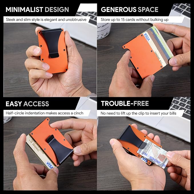 Minimalist Wallet for Men, Slim Metal RFID Blocking Wallet Credit Card Holder Money Clip & Cash Strap, Scratch-Resistant Holds 15 Cards,Ideal Gift for Men | Matt Orange - Image 5
