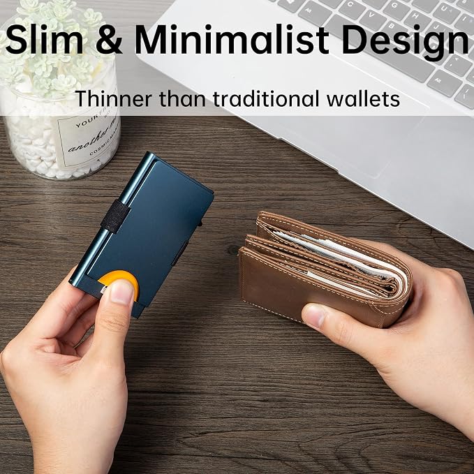 Slim Card Holder Wallet for Men, Minimalist RFID Blocking Pop Up Wallet, Smart Metal Business Card Case Holds 12 Cards, Money Clip, Front Pocket Wallet, Gifts for Men - Image 3