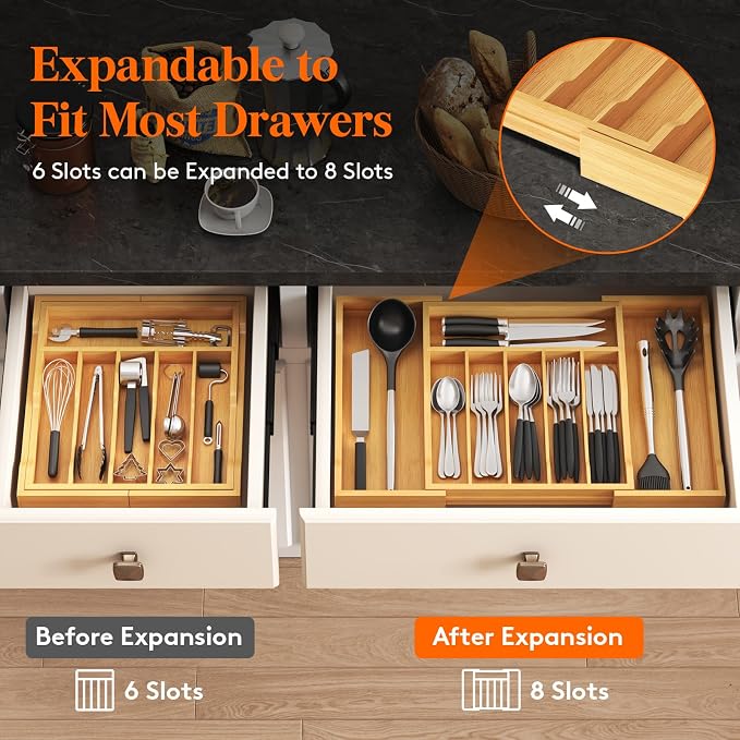 Lifewit Silverware Drawer Organizer, Wooden Utensil Tray for Kitchen | Expandable Flatware and Cutlery Holder, Adjustable Storage for Spoons Forks Knives, 13-22x15", Natural - Image 7