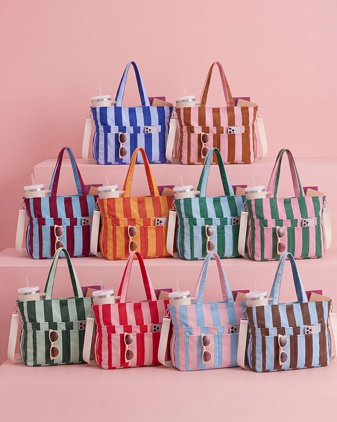 Kacctyen Striped Beach Tote Bag for Women Large Beach Foldable Tote Bag with Zipper Pockets for Travel Pool - Image 8