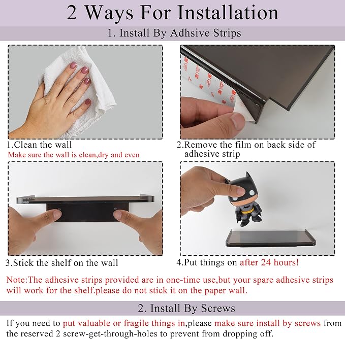Stick-on Wall Shelf - Small Wall Mounted Adhesive Clear Acrylic Shelf Phone Holder Shelves Wipes Rack for Bathroom,Kitchen,Toilet,Office - Silver (A Set of Screws Included) - Image 3