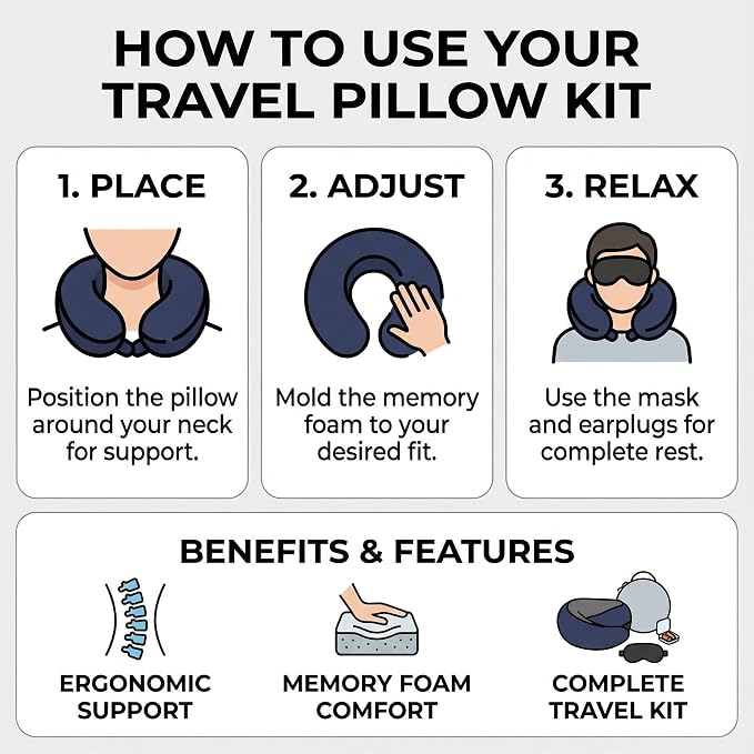 Travel Neck Pillow with Memory Foam & Chin Support – Includes Cute Macaron EVA Water-Resistant Carry Case, Eye Mask & Ear Plugs (Navy Color) - Image 8