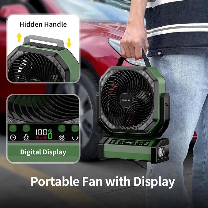 Socool Camping Fan with Light, 20000mAh Rechargeable Battery Fan with Remote, 112Hrs & 8 Speeds, Digital Display, Timer, Auto Oscillation, 270° Pivot & Hook for Outdoor Tent, Hurricane, Power Outage - Image 7