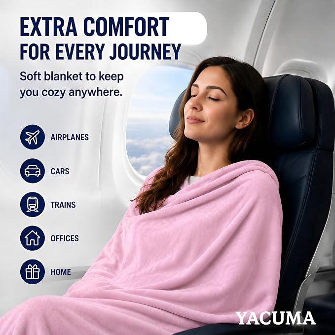 Travel Blanket Airplane Compact with Bag, Soft 40" x 60" Blanket with Luggage Strap & Underseat Personal Item Organizer for Flights, Home & Office, Pink - Image 3