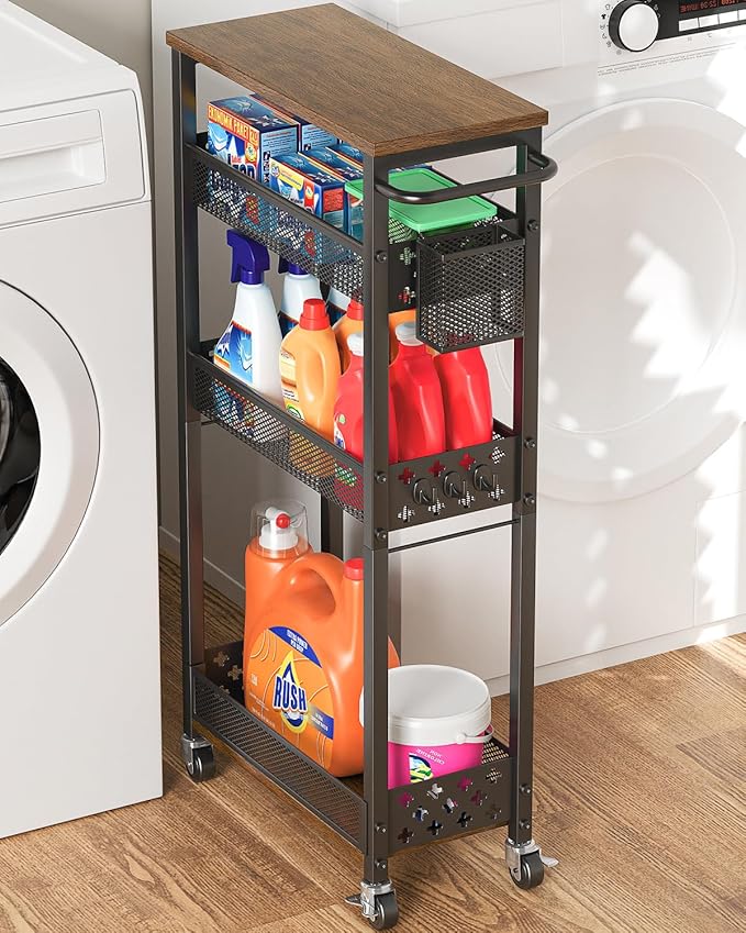 XYZLVSI Slim Storage Cart, 4 Tier Laundry Room Organizer for Small Space | Narrow shelf 14.4" bottom shelf, wire basket, hooks, ideal for kitchen/bathroom/office/dorm, between washer and dryer storage by XYZLVSI