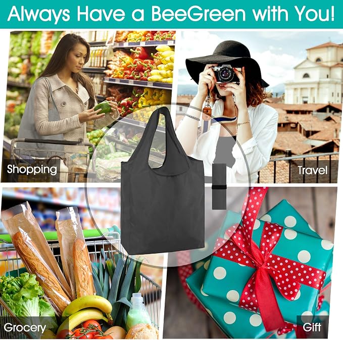 BeeGreen Black Reusable Grocery Bags Wholesale Dark Reusable Kitchen Bags Bulk Foldable-Machine Washable with Zipper Storage Pouch 50 Packs - Image 7