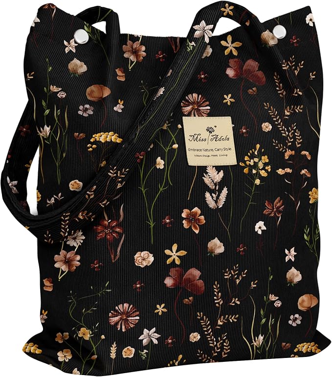Miss Adola Corduroy Tote Bag for Women with Aesthetic Design | Magnetic Buckle & Pocket, Reusable, Soft, Roomy, Long Shoulder Handles, Double-sided Print, Casual Daily Work, Grocery Bags by MissAdola