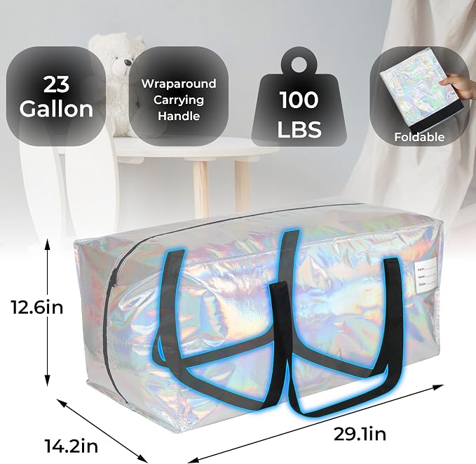 VTSVTS 6 Pack Extra Heavy Duty Large Moving Bags with Comfortable Handle & Strong Zipper,Storage Totes for Space Saving Moving Storage College Supplies Alternative to Moving Box,Iridescent - Image 2