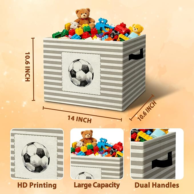 Rustic Soccer Ball Storage Bins Boxes Handles | grey striped nursery foldable basket for organizing bedroom toddler playroom - Image 3