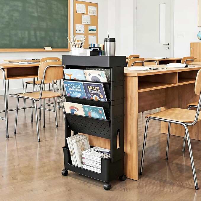 5-Tier Rolling Bookshelf Magazine Rack with Wheels Black | Mobile Bookcase, Book Storage File Folder Organizer Cart for Home Study Office Living Room Classroom - Image 4