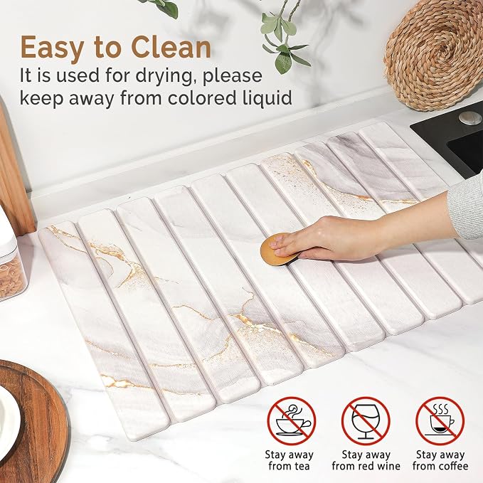Large Stone Dish Drying Mat for Kitchen Counter,Quick Dry Stone Dishes Mats,Marbled Water Absorbing Diatomaceous Earth Drying Pad for Countertop Bottles Utensils Cups(Yellow White 24"x16"&8"x4") - Image 5