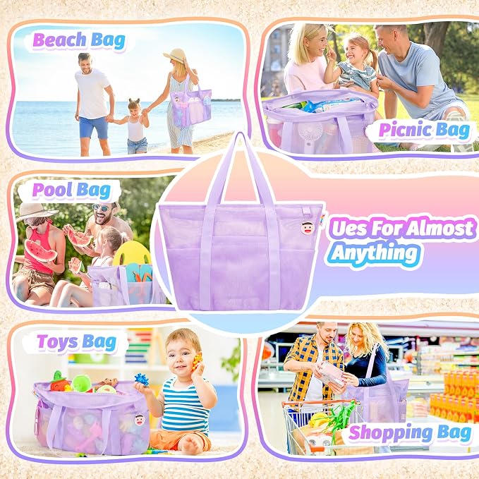 Tagitary Mesh Beach Bag with Zipper Large Beach Tote Waterproof Sandproof with 8 Pockets for Toys Pool Bag Beach Accessories - Image 7