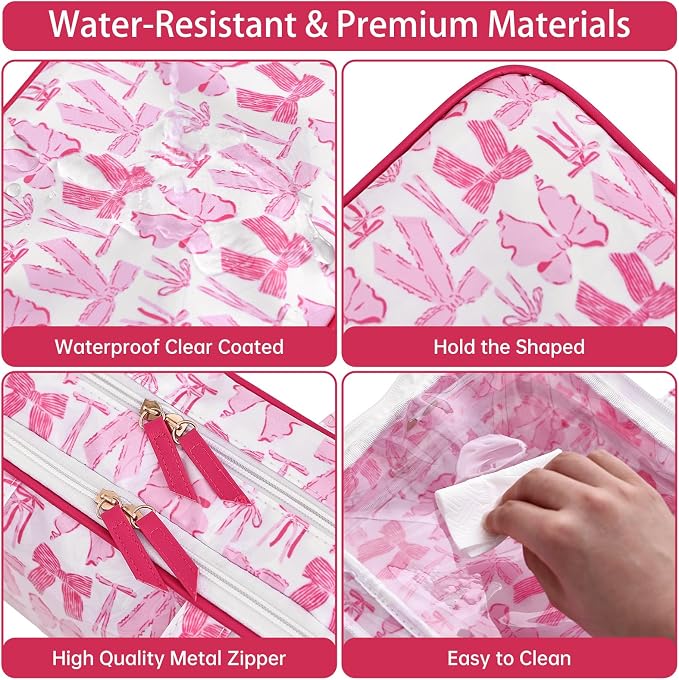 Toiletry Bag for Women, Pink Bow | Clear Coated,Waterproof,Multiple Compartment,Open Flat,Handle,Travel Organizer for Shampoo,Conditioner,Cosmetic Accessories - Image 3
