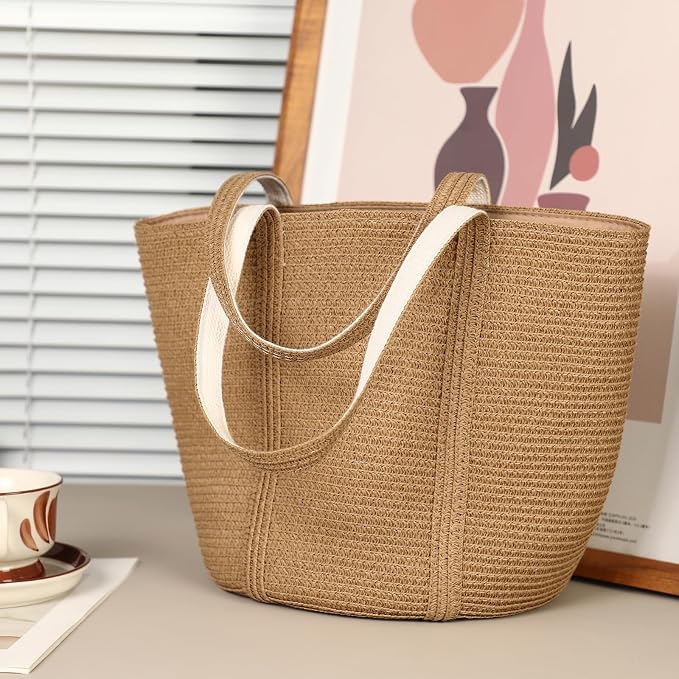 Tavaleu Straw Beach Bags for Women Tote Handbag Shoulder Hobo Bucket Bag | Lightweight, Foldable, PU Straps, Magnetic Closure, Zip Pocket, Reinforced Bottom, Summer Purse, Travel, Vacation, Daily Use - Image 3