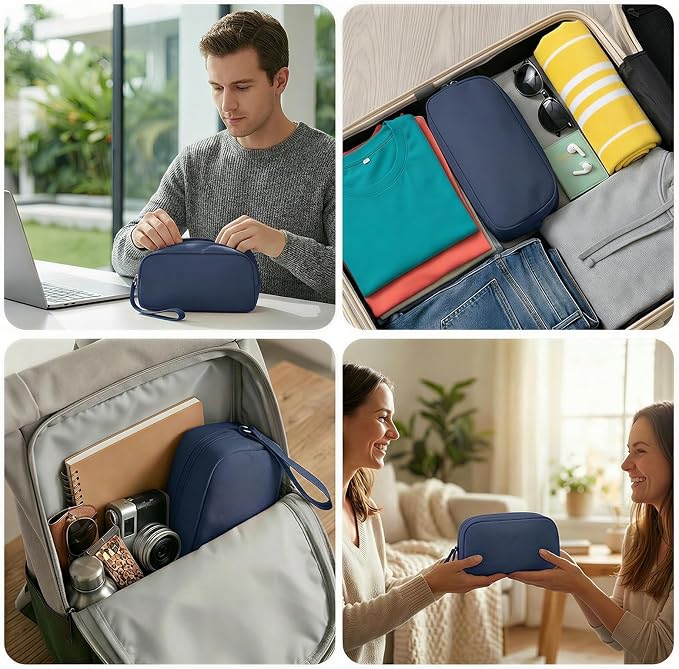 Travel Electronics Organizer Waterproof Cable Bag Midnight Blue | Padded Oxford fabric case with 8 compartments and elastic loops to protect power banks and hold 3ft+ cords securely. - Image 5