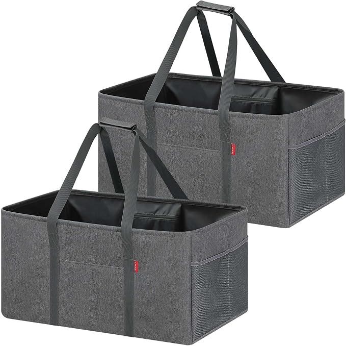 LHZK 2 Pack Extra Large Utility Tote Bag with Metal Wire Frame and the Sides Rinforced, Extra Large Tote Bag with Handle, Reusable Grocery Bags Foldable, Beach Bag, Car Tote (Gray, 26''x15''x13'') by LHZK