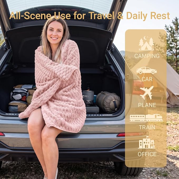 Travel Blanket with Bag, Soft Fleece Portable Airplane Blanket, Pink | Soft fleece travel blanket 50x60in grey. 5-in-1: pillow, lumbar support, shawl, hand warmer. Washable, luggage sleeve, clip. - Image 3