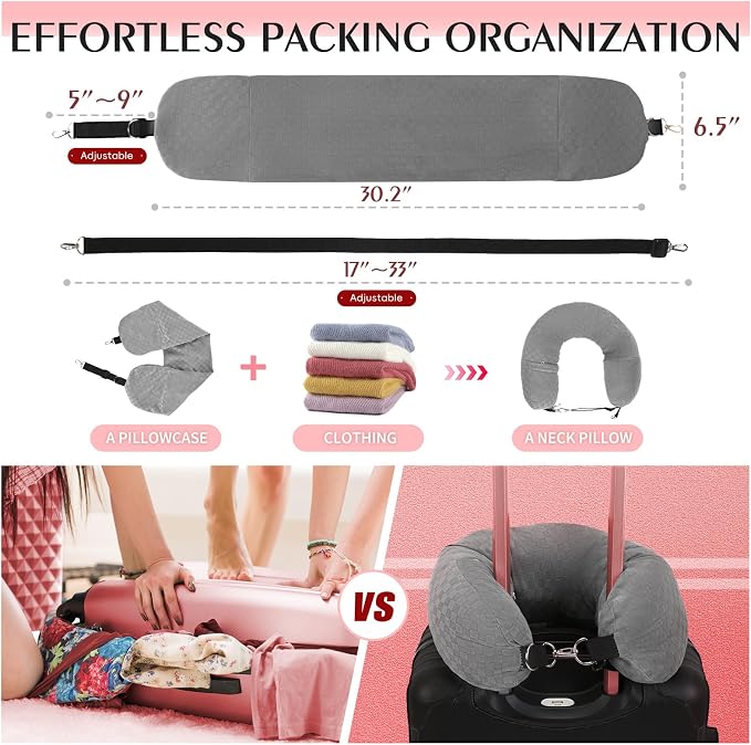 Stuffable Neck Pillow for Travel, Packable Neck Pillow (Grey-Checkerboard) | Velvet cover, Stuff with clothes to save luggage space, No extra baggage fees, Fits 5+ days travel essentials, Zipper closure - Image 5