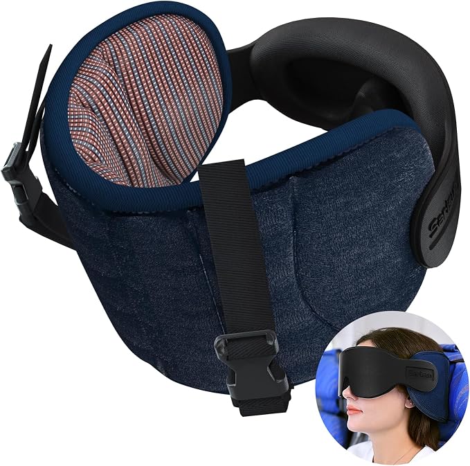 SARISUN Travel Pillows for Airplanes, Stable Head Support, Travel Essential | Airplane Pillow with Eye Mask, Seat Strap Secures to Headrest, for Stop Bobblehead, for Long Flight Road Trip, Mottled Red by SARISUN
