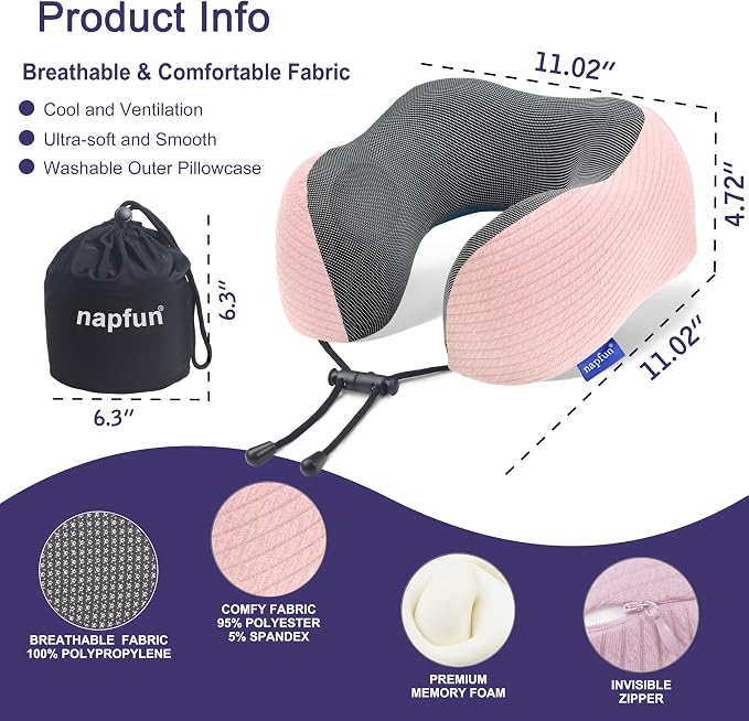 napfun Neck Pillow for Travel, Memory Foam Airplane Pillow, Pink | 360° Neck Support, Upgraded 100% Memory Foam for Airplane, Car, Train, Bus, Office Sleep, Travel Essentials for Long Flights - Image 2