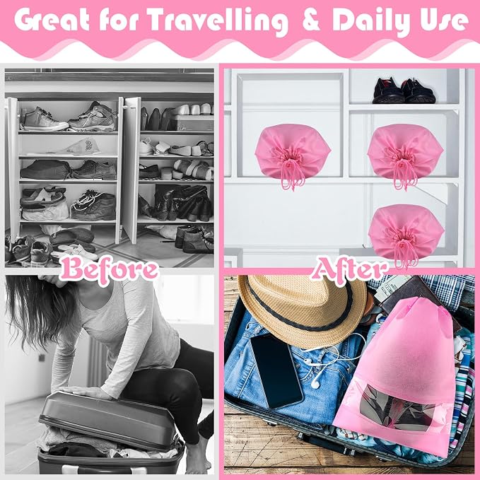 Pink Travel Shoe Bags - 5 Pcs Non-Woven Packing Bags with Clear Window | 15.7" x 11.8" Waterproof Dustproof Portable Travel Shoe Storage Bag for Men and Women - Image 5