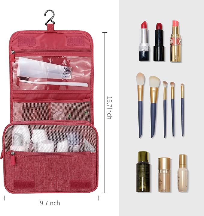 Lcsmaokin Large Capacity Toiletry Bag Travel Bag with Hanging Hook for Men and Women Waterproof Travel Cosmetic Bag Bathroom Storage Bag for Brushes Set, Full-Sized Shampoo, Toiletries, Wine Red - Image 5
