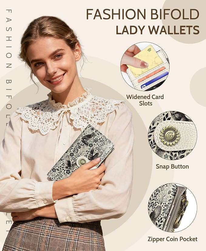 GIANCOMICS Owl Womens Wallet RFID Blocking Flower Credit Card Holder Bifold | Billfold, Cute Cash Purse, Travel Zipper Coin Pocket, Compact Clutch, PU Leather, ID Window, 11 Card Slots, Ladies Gift Woman - Image 6