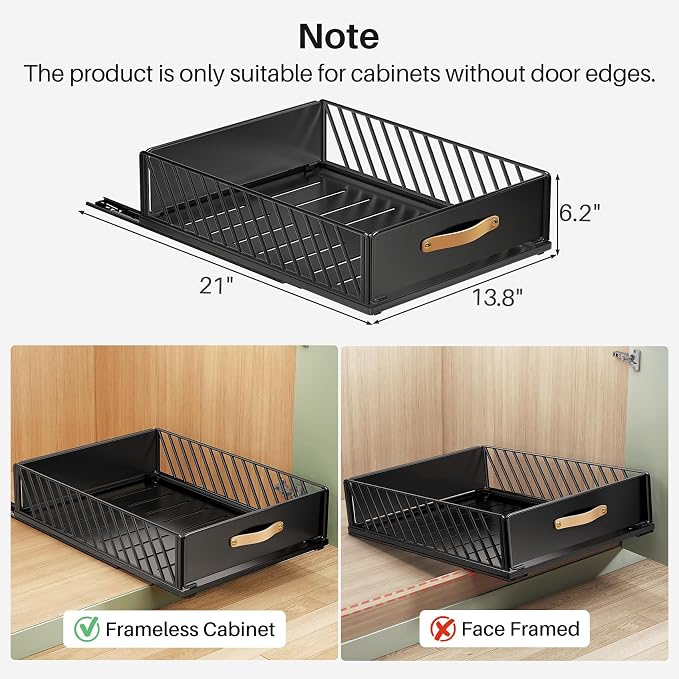 Pull out Cabinet Organizer,Heavy Duty Slide out Pantry Shelves Drawer Storage with Adhesive Nano Film,Sliding Mesh Cabinet Basket with Handle for Kitchen, Bathroom, Home, 13.8"W X 21"D X6.2"H,Black - Image 2