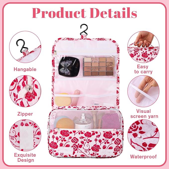 Hanging Toiletry Bag, Waterproof Makeup Organizer With Hook, Red Rose | 4 Compartments, Clear Pocket, Carry Handle, Fold-Out Design, For Travel, Bathroom, Camping, Kids And Teen Girls - Image 3