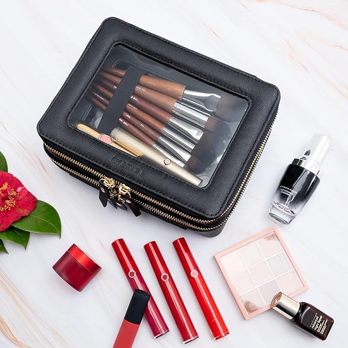 Aveniee Clear Makeup Bags,Double Layer Cosmetic Bags with Separate Brush Compartment,Large Travel Toiletry Bag Cosmetic Case,Travel Accessories Organizer for Women,2 Layers,Black - Image 5