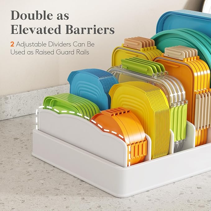 Lifewit Kitchen Cabinet Organizer for Food Contanier Lid with 7 Sections | Lid Holder with 6 Adjustable Dividers for Pantry Organizers and Storage, Home Drawer Organization, White, Large, 13" x 10" - Image 6