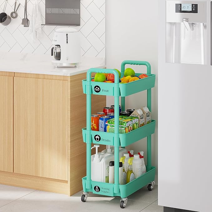 Laiensia 3-Tier Rolling Cart with Wheels,Multifunction Utility Storage Carts, Kitchen Storage Organizer,Mobile Shelving Unit for Bathroom,Laundry,with Classified Stickers,Green - Image 4