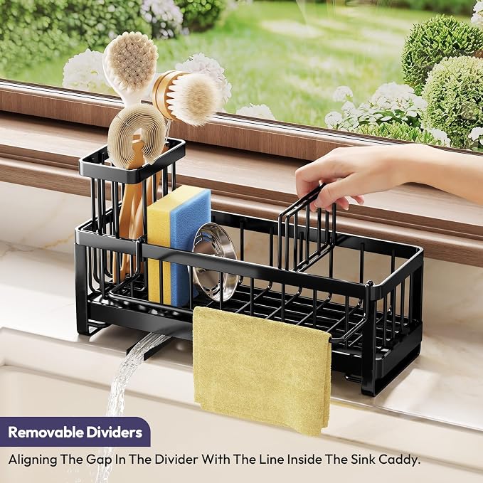 SWTYMIKI Sponge Holder for Kitchen Sink - Sink Caddy with Brush Holder Self-draining Sponge Caddy Organizer with Divider Stainless Steel Kitchen Accessories Storage for Countertop, Black - Large - Image 4