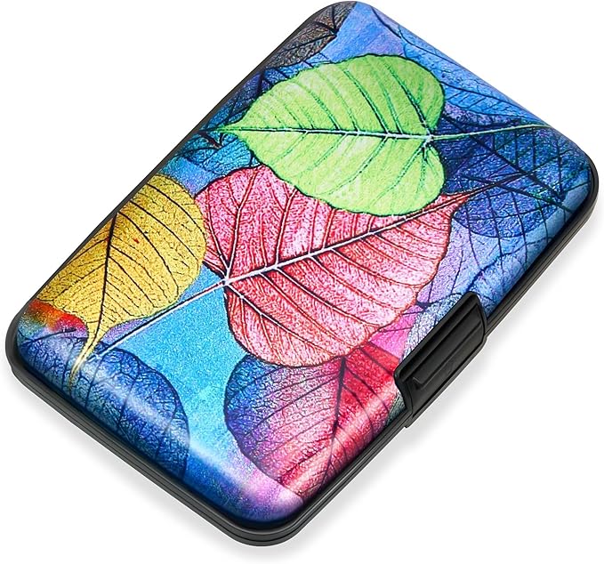 Mayski Credit Card Holder for Women RFID Blocking Wallet, Colorful Leaves | Card Wallets for Women Small Mini Business Metal Accordion Aluminum Alloy Hard Case for Men by SLIMELEGANCEPERSONIFIED