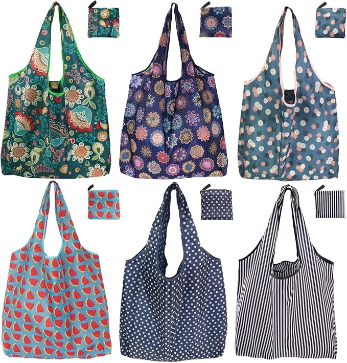Reusable Grocery Bags, 6 Pack 50Lbs Foldable Fashion Washable Shopping Bags, Large Boho Tote Bags For Groceries, Bulk Market Cloth Storage Bags, Utility Aesthetic Personalized Gifts For Women by NewOpportunityInLivingKindly