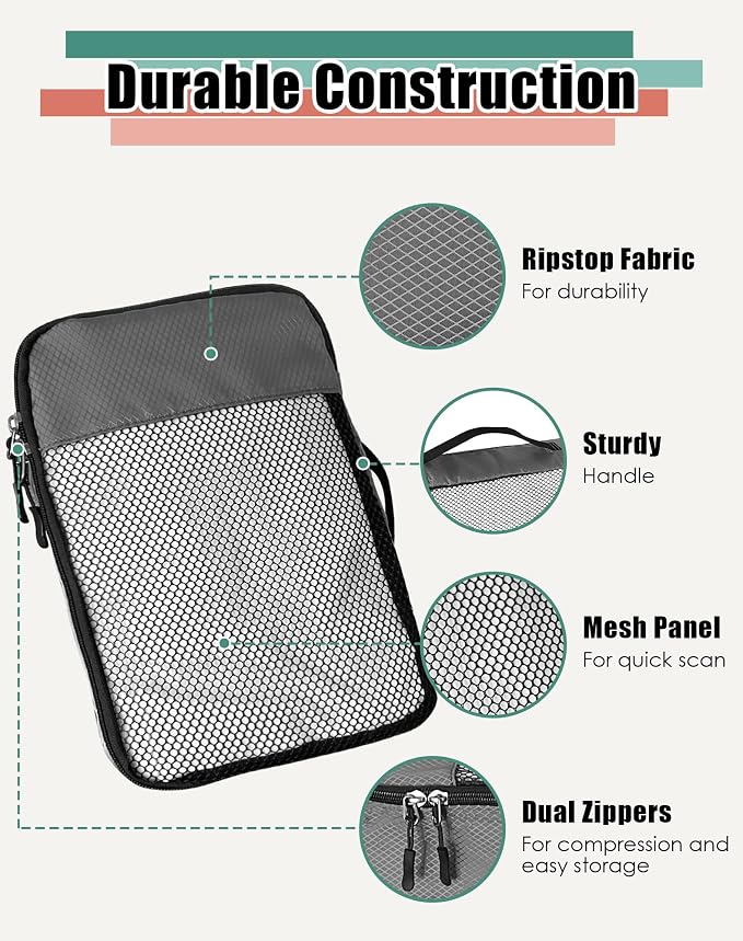 WTREE 4-Piece Packing Cubes Travel Accessories Set for Suitcases - Luggage Organizer Bags with Double Zipper - Mesh Top - Medium - Dark Grey - Image 6