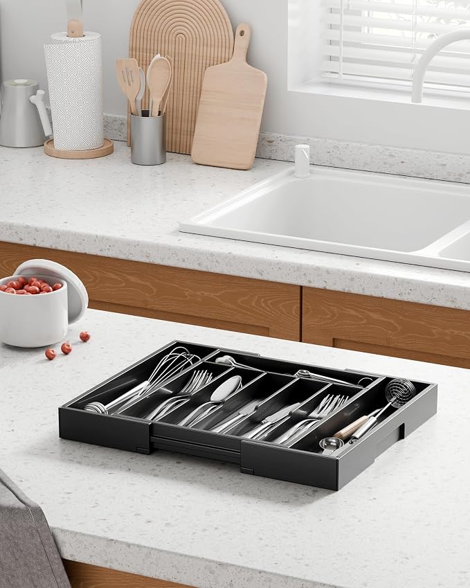 Kitsure Silverware Organizer, Bamboo Kitchen Drawer Tray, Black, Large | Expandable Drawer Kitchen Organizer, Cooking Utensils & Cutlery, Sturdy & Thickened Design, Storage Solution - Image 3