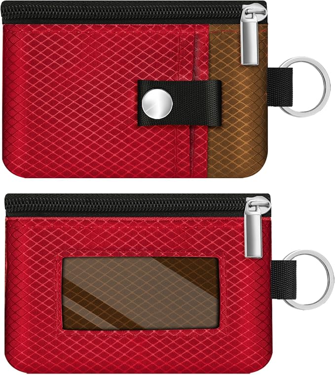 Minimalist RFID Blocking Small Wallet with ID Window,WaterResistant Zip Id Case Wallet with Lanyard Keychain for Cards,Cash,Travel,Women,Men (Red/Brown) - Image 3