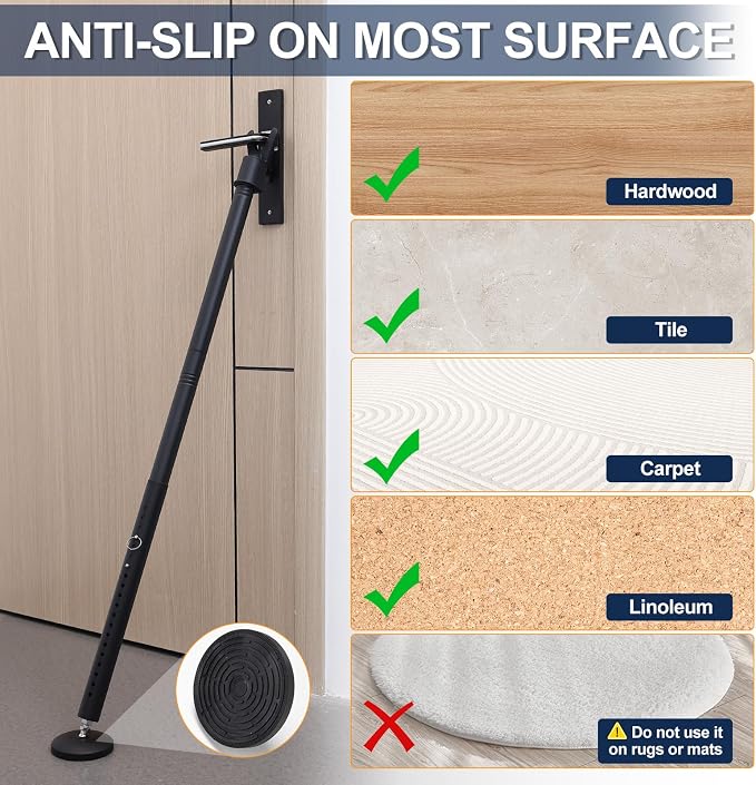 Door Security Bar, 1.25Inch Diameter Heavy Duty Security Bar with Large Rubber Base, Door Stopper for Apartment Hotel Home Travel Screen Door(1 Pack,Black) - Image 3