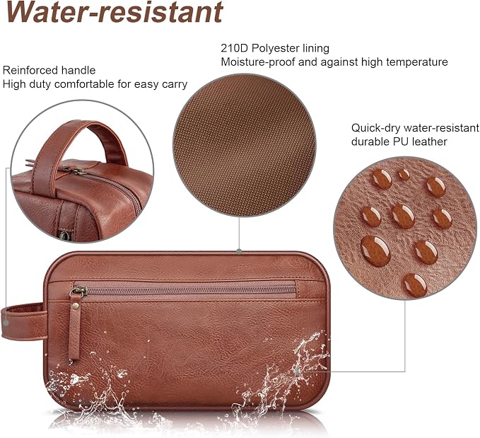 Travel Toiletry Bag for Men and Women, Travel Shaving Dopp Kit Water-resistant Bathroom Toiletries Organizer PU Leather Cosmetic Bags (Brown) - Image 4