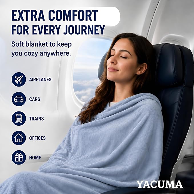 Travel Blanket Airplane, Soft 40" x 60" Flannel Travel Blanket, Lightweight Compact Blanket for Flights, Car Trips, Home & Office, Includes Carrying Pouch, Grey - Image 3