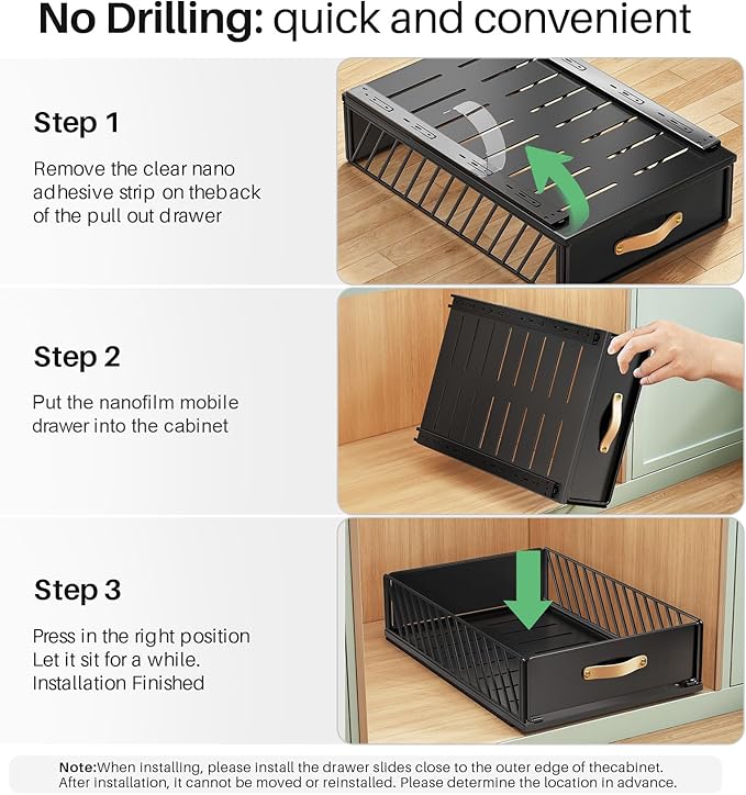 Pull out Cabinet Organizer,Heavy Duty Slide out Pantry Shelves Drawer Storage with Adhesive Nano Film,Sliding Mesh Cabinet Basket with Handle for Kitchen, Bathroom, Home, 15.8"W X 21"D X6.2"H,Black - Image 8